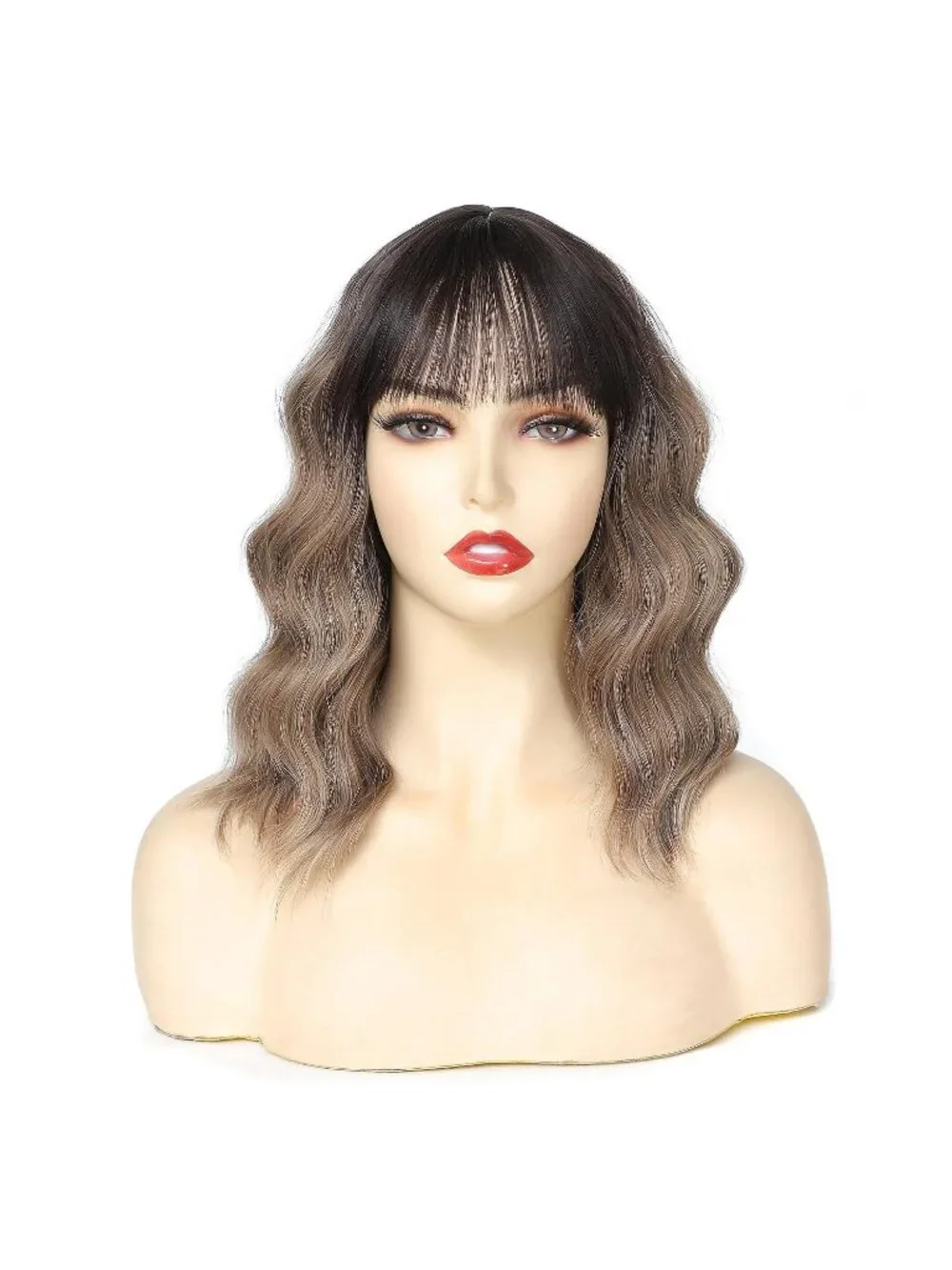 Women's Ombre Brown 14 Inch Heat Resistant Short Wavy Hair Pastel Bob Wig Bangs